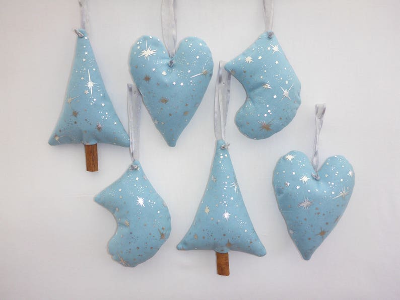 hearts and stockings. Two each of tree Luxury fabric Christmas ornamentsdecorations in blue sparkling organza