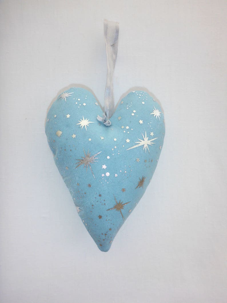 hearts and stockings. Two each of tree Luxury fabric Christmas ornamentsdecorations in blue sparkling organza