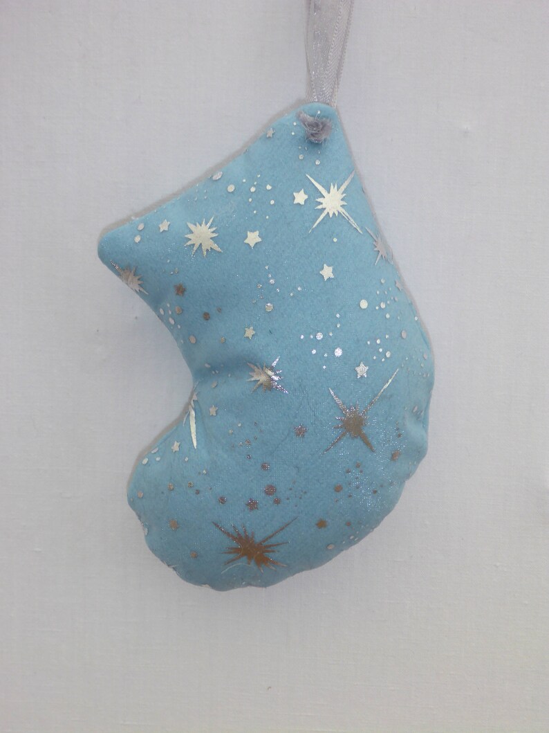 hearts and stockings. Two each of tree Luxury fabric Christmas ornamentsdecorations in blue sparkling organza