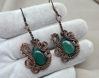 Natural Green Onyx Handmade Earring : Copper Wire Wrapped Boho Earring