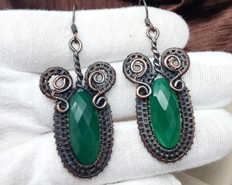 Natural Green Onyx Handmade Earring : Copper Wire Wrapped Boho Earring