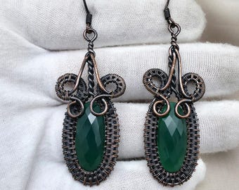 Natural Green Onyx Handmade Earring : Copper Wire Wrapped Boho Earring