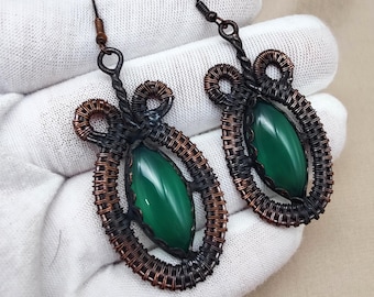 Natural Green Onyx Handmade Earring : Copper Wire Wrapped Boho Earring