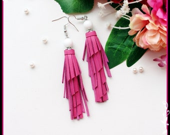 Leather Pink tassel earrings.leather earrings,dangle leather earrings,Tassel Earrings Leather,Fringe earrings,boho earrings