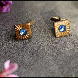 Vintage  Cufflinks,Blue Cufflinks,Vintage Cuff Links ,Men Cufflinks, Vintage Cufflinks 1970s Cufflinks, Gold Metal Cufflinks.