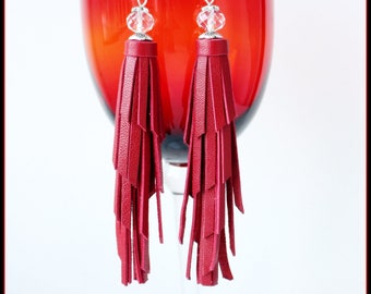 Leather tassel earrings,dangle leather earrings,Tassel Earrings Leather,drp earrings,Fringe earrings,boho earrings, Red Tassel Earrings