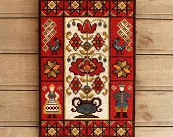 ヴィンテージの手刺繍タペストリー、農場のガチョウの風車