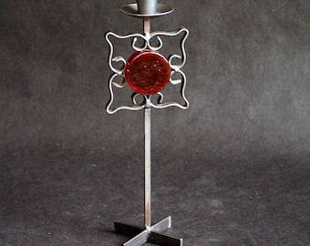 Candeliere vintage in ferro forgiato a mano con vetro arancione - Arredamento scandinavo anni '70: decorazioni per la tavola di Natale