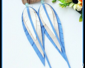 Leather earrings,dangle Leather earrings,Blue and White feather leather earrings, Long Boho Earrings,drp earrings,Leather Jewelry