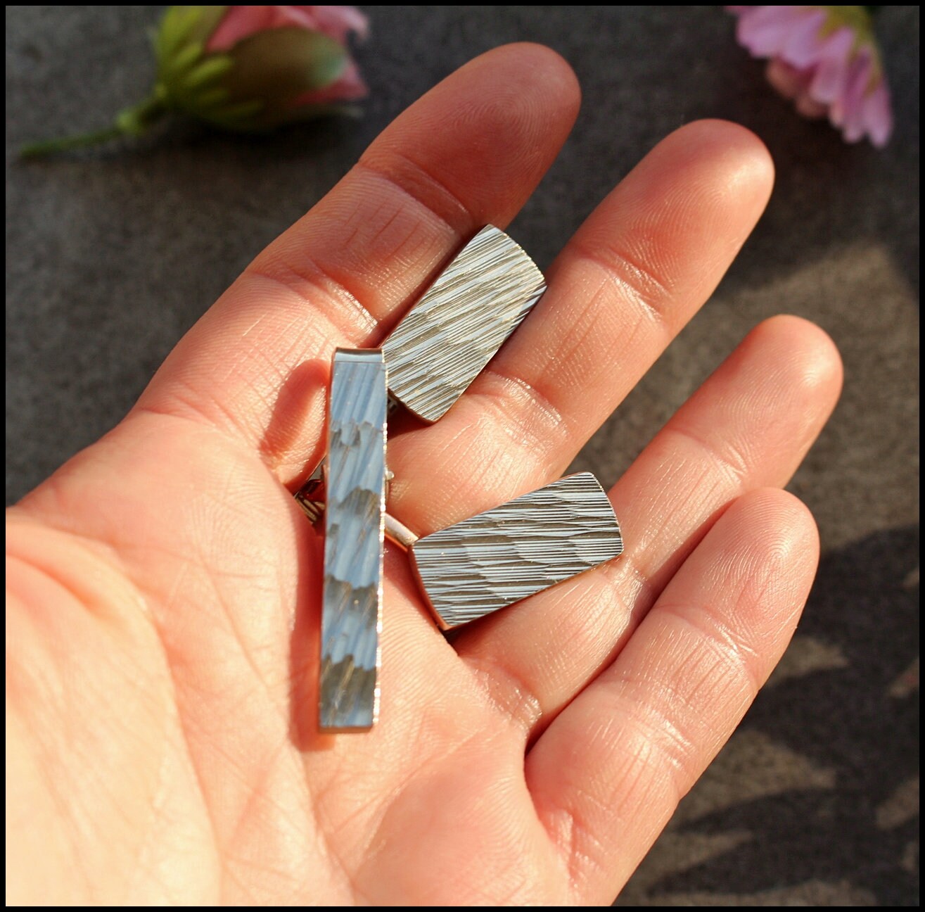 Parure Homme Vintage 70's Boutons De Manchette Et Pince à Cravate - Métal Rhodié Argenté Avec écrin