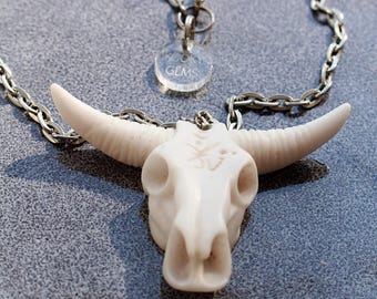 Tribal Yak Bone Bull Skull Pendant Necklace: Western Amulet Jewelry