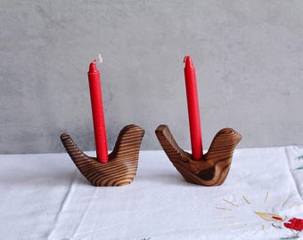 Mid Century set of 2 Nils Strandin Carved Wood Bird Candleholders ,1960s