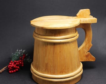 ヴィンテージ木製ビールジョッキ（ヒンジ付き蓋付き）、大きな手作りの