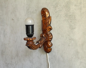 Vintage Scandinavian carved acanthus leaf rosemary wood style lamp,40s and 50s decor, Scandinavian wall sconces