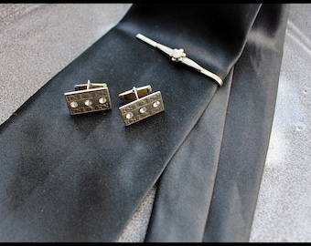 1970s Vintage Silver Plated Cufflinks and Tie Clip Set