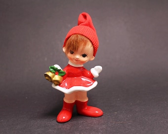 Vintage vintage MCM napcoware meisje beeldje kerstklokje, vintage keramiek Japan meisje elfjes/kabouters, decor kerstmis Tomte elf