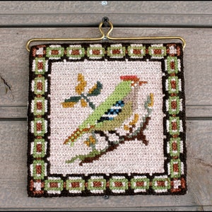 Vintage Swedish Embroidered Bird Tapestry: Rustic Wool Wall Art