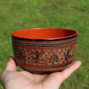 Burmese Lacquer Bowl Cup Original Lacquerware from Burma/Myanmar,Burmese Red Lacquer Cups Zodiac Medallions Burmese Lacquerware Cinnabar