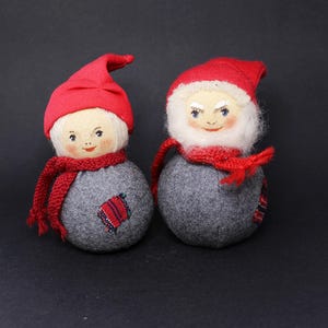 2 Charlotte Weibull handmade dolls - Santa & Mrs. Santa, hand painted gnome pixie, tomte Christmas girl boy Retro made in Sweden set Swedish