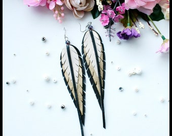 Leather earrings,Brown and gold colors feather,leather earrings,dangle earrings,drop leather earrings, Long Boho Earrings,Earrings