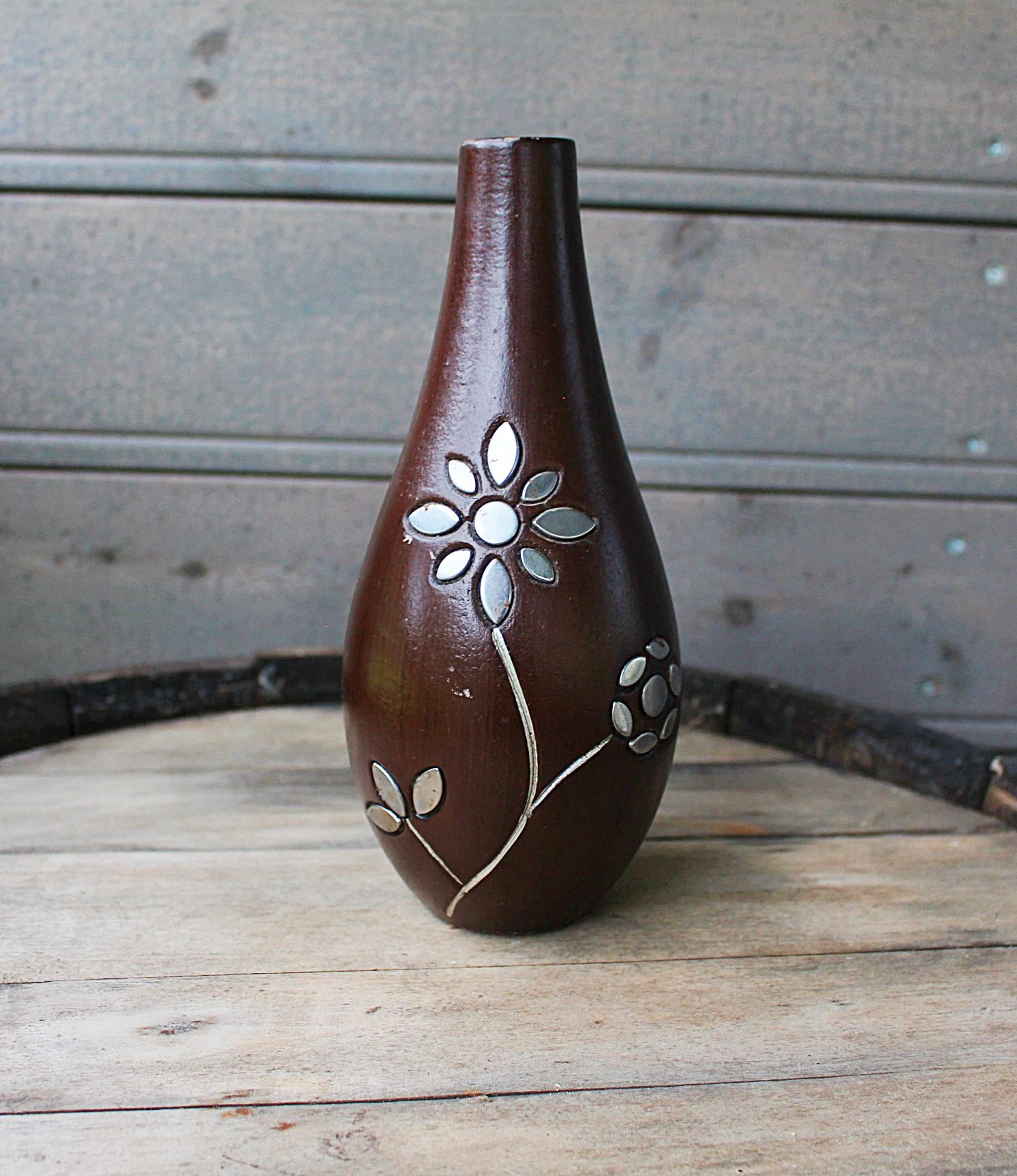 ヴィンテージ彫刻木製花瓶：花柄、素朴なホームデコレーション - Etsy 日本