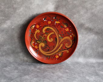Vintage Norwegian Rosemaling Wooden Plate: Folk Art Decor (14.17 inches)