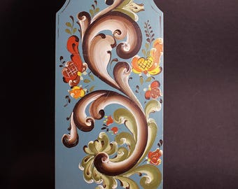 Norwegian Rosemaling wall hanging decor in wood hand painted Rosemaling folk art of Norway,Folk Art Floral Decor,Scandinavian Cottage Style