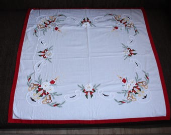 Vintage Christmas Embroidered Tablecloth Candles with Bells Design
