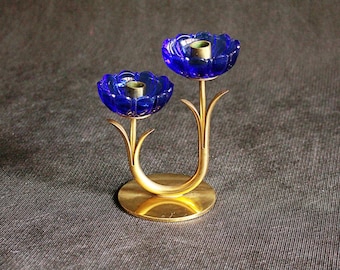 Ystad Metall by Gunnar Ander, Modernist Blue Glass and Brass Candleholder,Swedish