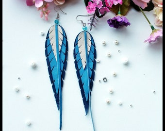Leather earrings,Blue colors  feather leather earrings,dangle earrings,drop leather earrings,Long Boho Earrings,Earrings,Leather Jewelry