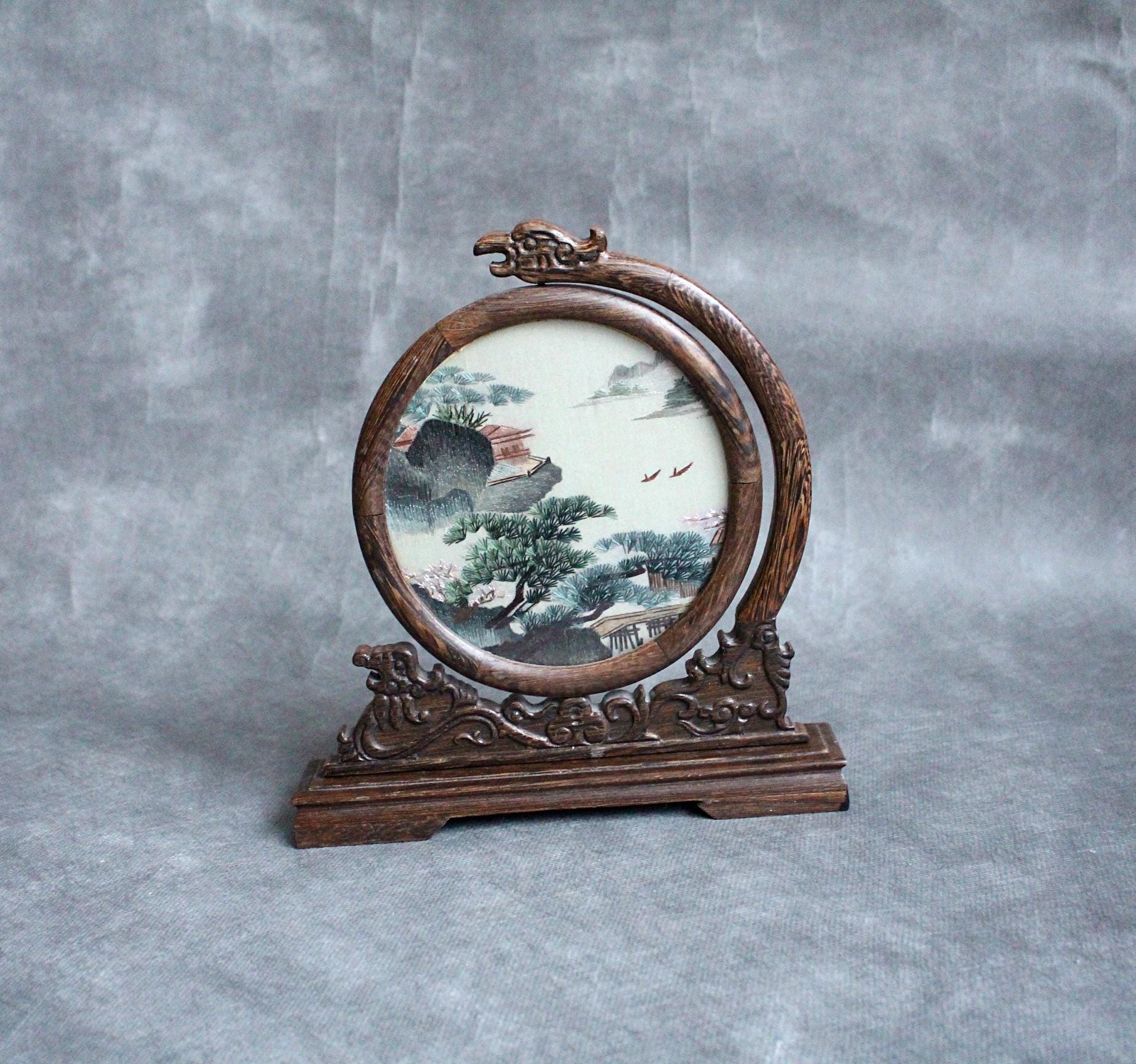 Vintage Chinese Silk Embroidery Screen: Shu Art on Wooden Stand - Etsy