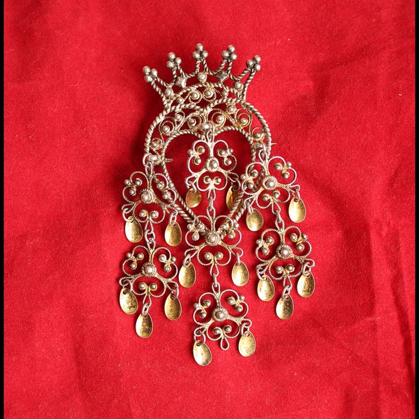 Vintage Solje crowned heaet norwegian brooch,Crowned Heart Norwegian Sølje Filigree Brooch With Dangling Extensions Sterling Silver 925 s