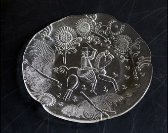 Vintage Kosta Boda Sweden Textured Crystal Glass Plate Platter. Design by Goran Warff. Doran Series. Scandinavian Horse and Rider,Plate