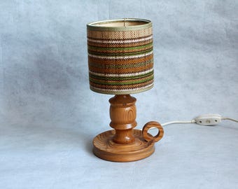 Vintage Pine Table Lamp: Scandinavian Wood Nightstand Light