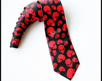 Red Skull Tie: Men's Black Necktie, Biker Wedding Accessory