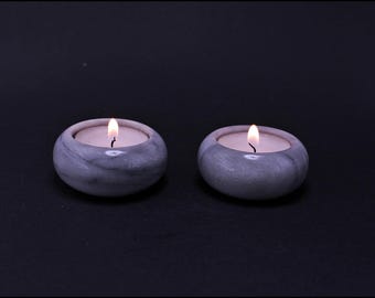 Vintage Gray Marble Tealight Holders - Set of 2 Stone Candlestick Holders