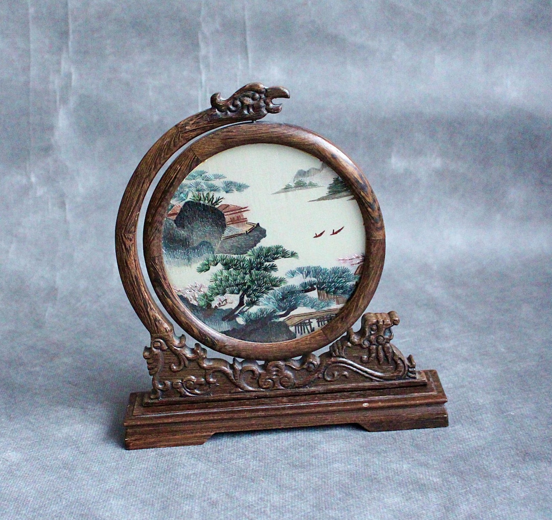 Vintage Chinese Silk Embroidery Screen: Shu Art on Wooden Stand - Etsy