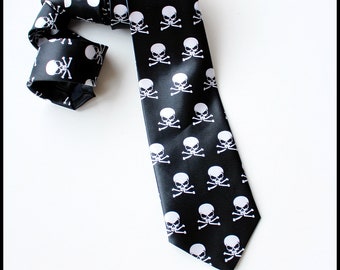 Skull Tie: Men's Black Necktie, Biker Design