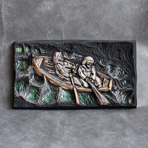 Vintage Norrman Motala Keramik Pottery Wall Plaque,Ceramic branded MOTALA KERAMIK wall plaque - boat in stormy waters,Swedish Pottery Wall