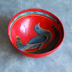Mexican Red Bowl Hand Painted Flowers Bird Folk Art Decor Wood,Vintage Batea Red Flowered painted GOURD bird Bowl Mexico Folk Art OLINALA