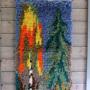 Vintage Hand-knotted Rya Rug Wall Hanging: 1960s Autumn Tree Design