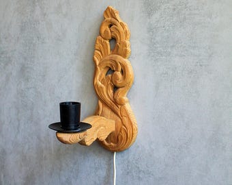 Vintage Carved Wood Sconce Lamp: Norway Rosemaling Folk Art,Vintage Scandinavian hand carved Pine wall sconces