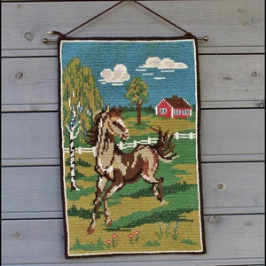 Vintage Horse Wool Art Wall Hanger Wool Art Hanger Decorative Hanger Wool Tapestry, Horse Swedish Embroidery,Adorable horse embroidery