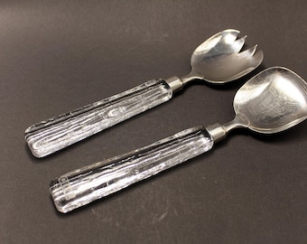Vintage Lindshammar Crystal Salad Server Set: Scandinavian Steel Tongs