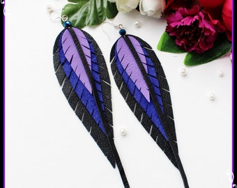 Leather earrings,Purple,Black feather leather earrings,dangle leather earrings, Long Boho Earrings,drop earrings,Leather Jewelry