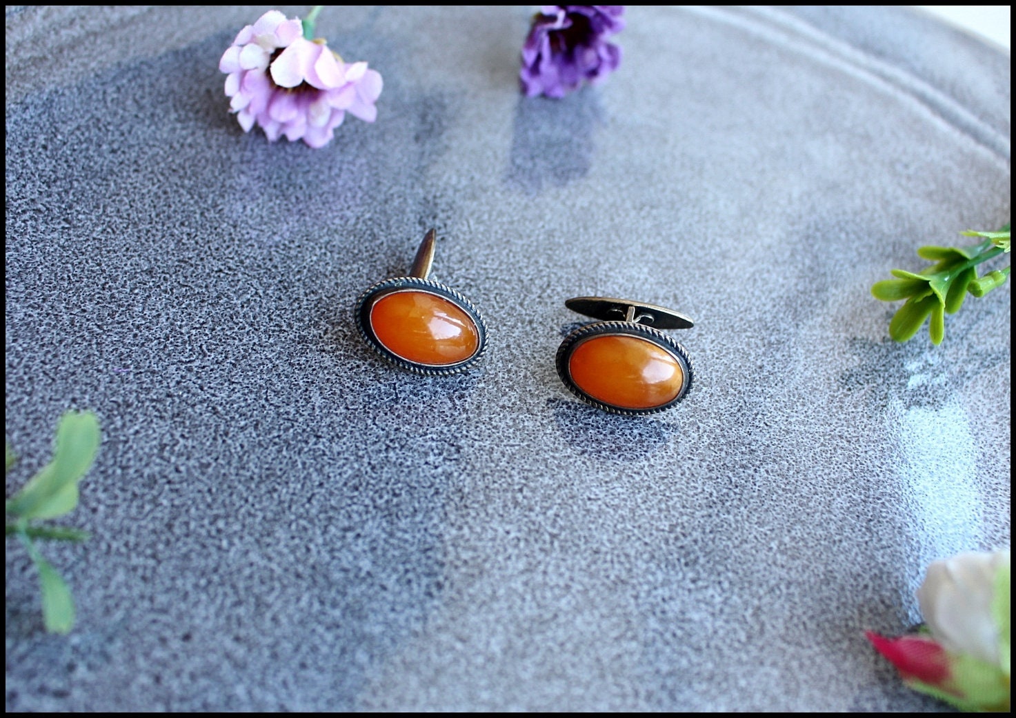 Boutons De Manchette Vintages - Ambre Naturel Et Argent Sterling 925 - Pologne