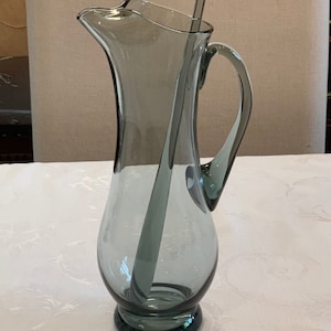 MCM Tall Smoky Glass Martini Pitcher with Glass Swizzle Stirrer