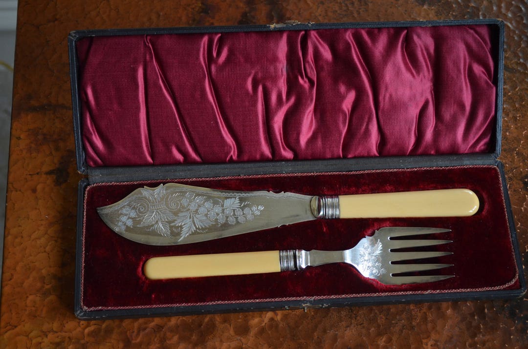 Antique Ivory Handled Fish Fork and Knife Serving Set Etsy