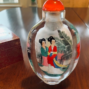 Double Reverse Painted Asian Glass Bottle with original box