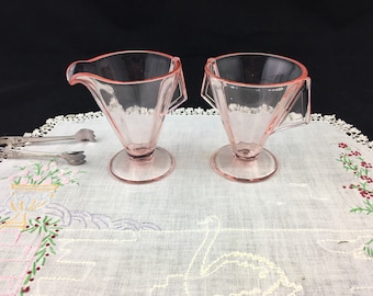 Art Deco Pink Depression Glass Creamer and Sugar Bowl Set